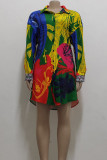 Colour Casual Print Buckle Patchwork Turndown Collar Shirt Dresses