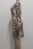 Yellow Orange Sexy Print Buckle Patchwork Turndown Collar Wrapped Skirt Dresses