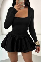 Black Casual Solid Color Basic U Neck Long Sleeve Dresses