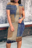 Multicolor Casual Street Faux Denim Print Contrast Printed Short Sleeve Dress