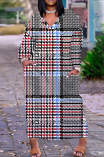 White Blue Casual Print Basic V Neck Long Plus Size Dresses