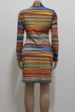 Yellow Orange Sexy Print Buckle Patchwork Turndown Collar Wrapped Skirt Dresses