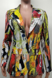 Multi-color Casual Print Buttons Patchwork Turn-back Collar Outerwear