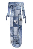 Baby Blue Sexy Street Faux Denim Print Lace Up Slit Off Shoulder Printed Dresses