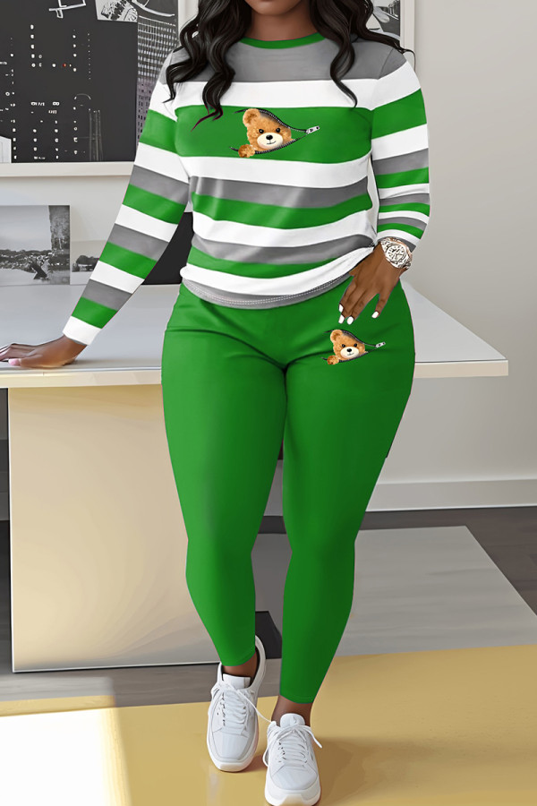 Green Casual Print Patchwork O Neck Long Sleeve Two Pieces