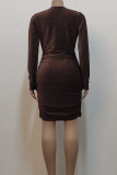 Gold Sexy Solid Color Patchwork Ruched V Neck Wrapped Skirt Dresses