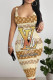 Light Khaki Sexy Print Patchwork U Neck Wrapped Skirt Dresses