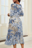 Baby Blue Street Elegant Floral Print Chain print Pocket Lace Up Contrast V Neck Printed Dresses