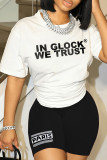 White Casual Letters Patchwork O Neck Short Sleeve Two Pieces