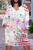 White Purple Casual Print Pocket Patchwork V Neck Straight Plus Size Dresses