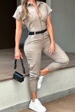 Silver Gray Casual Solid Color Pocket With Belt Zipper Turndown Collar Regular Jumpsuits