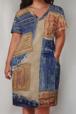 Baby Blue Casual Street Faux Denim Print Pocket Contrast V Neck Printed Plus Size Dresses