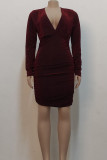 Gold Sexy Solid Color Patchwork Ruched V Neck Wrapped Skirt Dresses