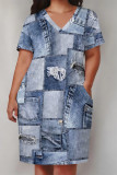 Baby Blue Casual Street Faux Denim Print Pocket Contrast V Neck Printed Plus Size Dresses