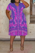 Purple Casual Daily Plaid Floral Print Splashed ink printing Pocket Contrast V Neck Printed Plus Size Dresses