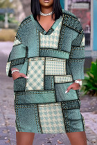White Cyan Casual Print Pocket Patchwork V Neck Straight Plus Size Dresses