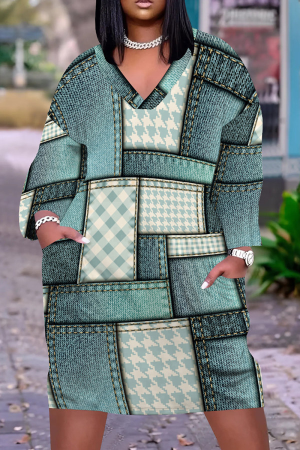 White Cyan Casual Print Pocket Patchwork V Neck Straight Plus Size Dresses