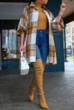 Coffee Casual Plaid Buttons Turndown Collar Outerwear