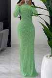 Green Elegant Solid Color Patchwork O Neck Long Dresses