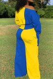 Blue Yellow Casual Colorblock Draw String Pocket Patchwork Contrast Oblique Collar Long Sleeve Two Pieces