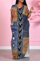 Dark Blue Casual Street Faux Denim Print Pocket Slit V Neck Printed Dresses