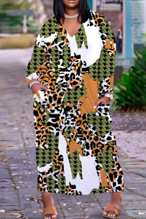 Grass Green Casual Print Basic V Neck Long Plus Size Dresses