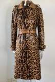 Brown Casual Leopard Print With Belt Turndown Collar Outerwear