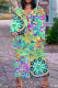 Green Casual Print Basic V Neck Long Plus Size Dresses