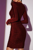 Gold Sexy Solid Color Patchwork Ruched V Neck Wrapped Skirt Dresses