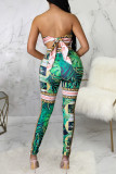 Rose Red Sexy Print Hollow Out Patchwork Asymmetrical Collar Sleeveless Two Pieces