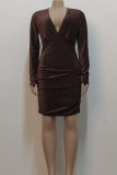Gold Sexy Solid Color Patchwork Ruched V Neck Wrapped Skirt Dresses