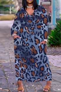 Navy Blue Casual Print Basic V Neck Long Plus Size Dresses