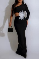 Black Sexy Formal Patchwork Flowers Backless Slit Oblique Collar Long Dresses