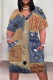 Multicolor Casual Street Faux Denim Print Pocket Contrast V Neck Printed Plus Size Dresses