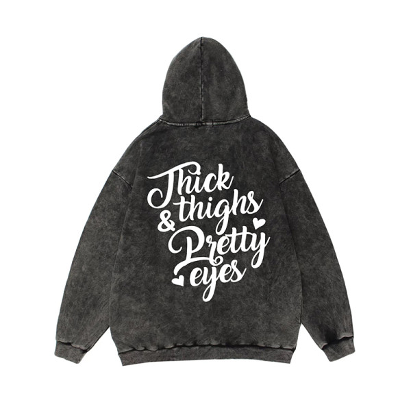 Black THICK THIGHS & PRETTY EYES PRINTING WASHED HOODIE
