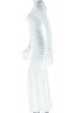 White Elegant Solid Color Patchwork See-Through Ruched O Neck Long Dresses
