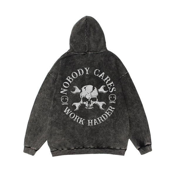 Black NOBODY CARES WORK HARDER PRINTING WASHED HOODIE