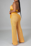 Yellow Sexy Solid Color Patchwork Strap Design Spaghetti Strap Sleeveless Two Pieces