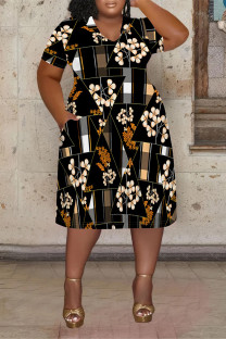 Black Casual Daily Plaid Floral Print Splashed ink printing Pocket Contrast V Neck Printed Plus Size Dresses