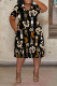 Black Casual Daily Plaid Floral Print Splashed ink printing Pocket Contrast V Neck Printed Plus Size Dresses