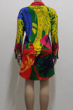 Colour Casual Print Buckle Patchwork Turndown Collar Shirt Dresses