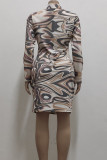 Yellow Orange Sexy Print Buckle Patchwork Turndown Collar Wrapped Skirt Dresses
