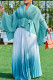 Cyan Street Gradient Color Patchwork Strap Design Pleated Cardigan Collar Long Sleeve Two Pieces