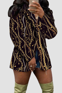 Black Gold Casual Print Buttons Patchwork Turn-back Collar Outerwear