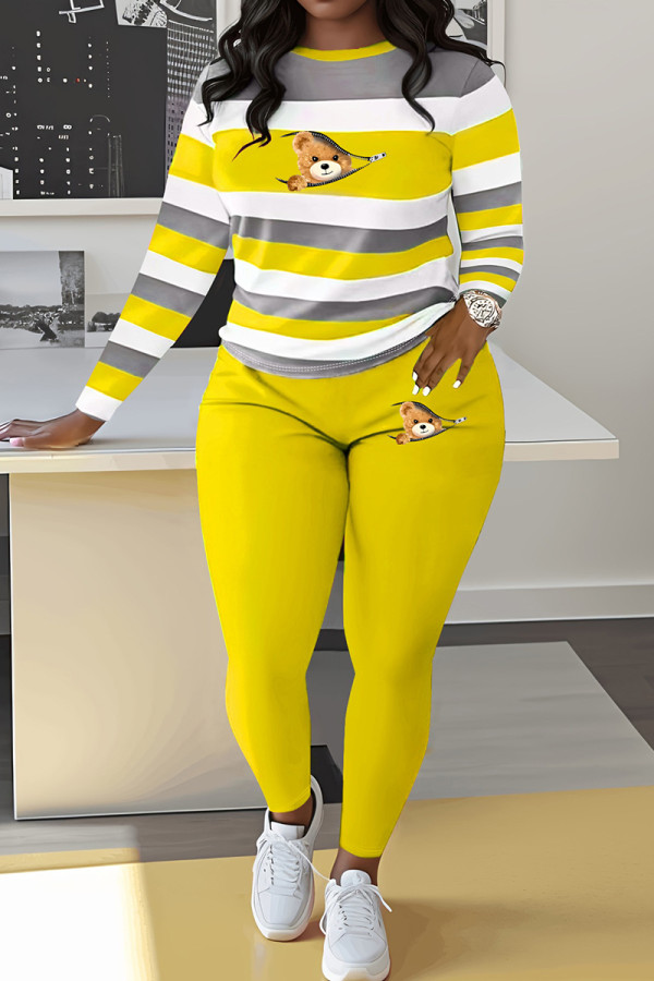 Yellow Casual Print Patchwork O Neck Long Sleeve Two Pieces