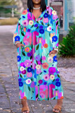 Navy Blue Casual Print Basic V Neck Long Plus Size Dresses