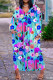 Blue Casual Print Basic V Neck Long Plus Size Dresses