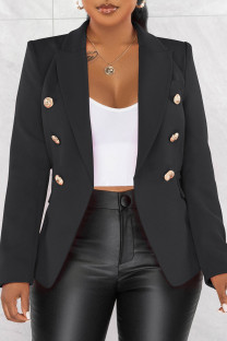 Black Street Solid Color Buttons Patchwork Turn-back Collar Outerwear