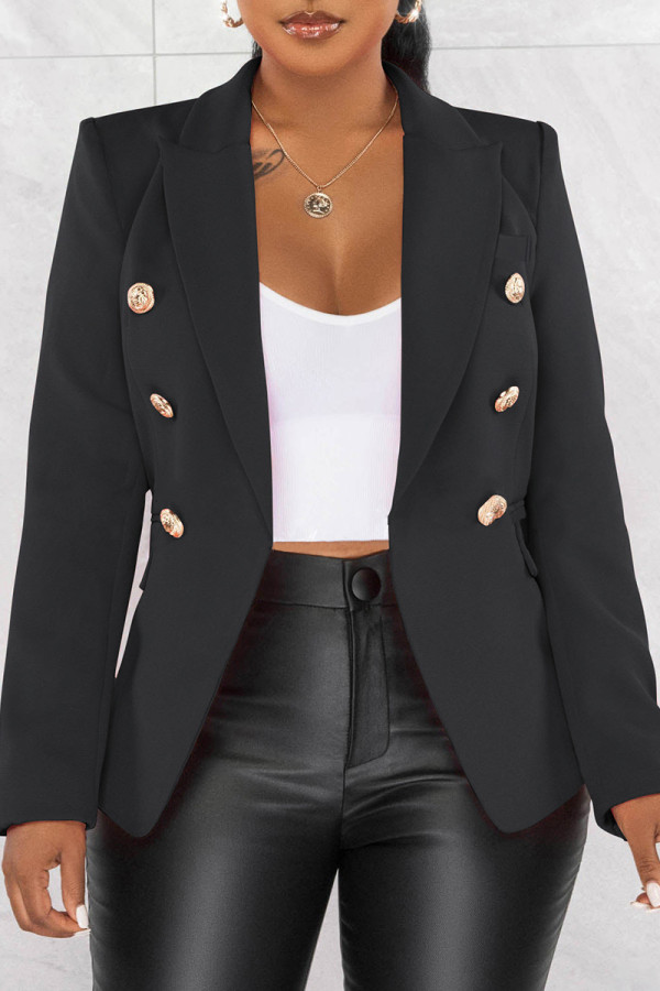 Black Street Solid Color Buttons Patchwork Turn-back Collar Outerwear