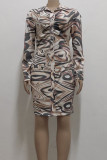 Yellow Orange Sexy Print Buckle Patchwork Turndown Collar Wrapped Skirt Dresses